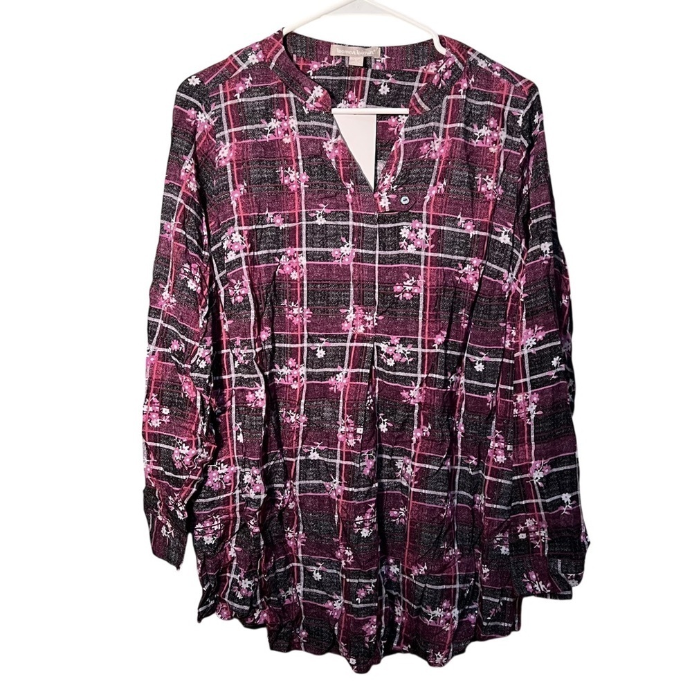 Woman Within Women's Size 14/16 Blouse Black Pink Plaid Japanese Floral Long Slv